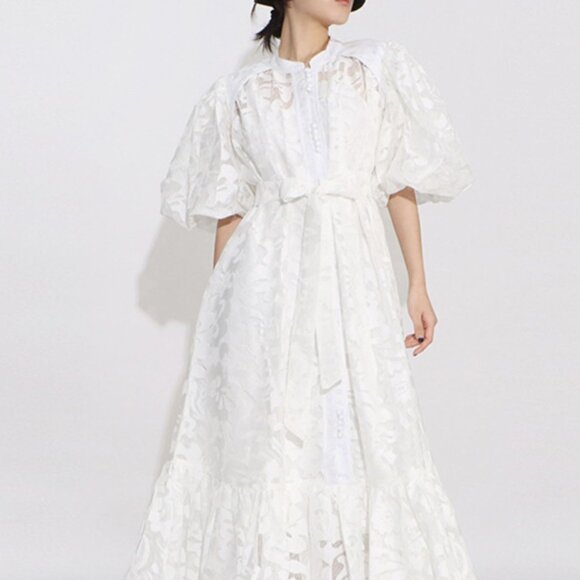 Lace Puff Sleeve Tie Waist Maxi DressNew Formal Lace Dress w/ Short Sleeves